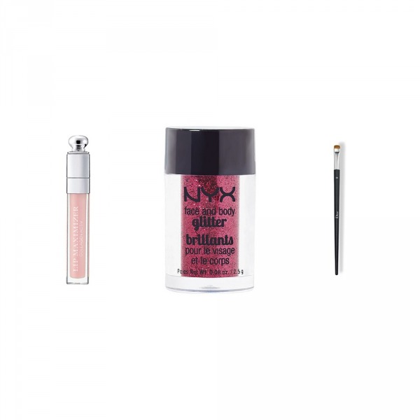 Solda Dior Addict Lip Maximizer Collagen Active Lip Gloss, Ortada NYX Face&Body Glitter, Sağda Dior Eye Blush