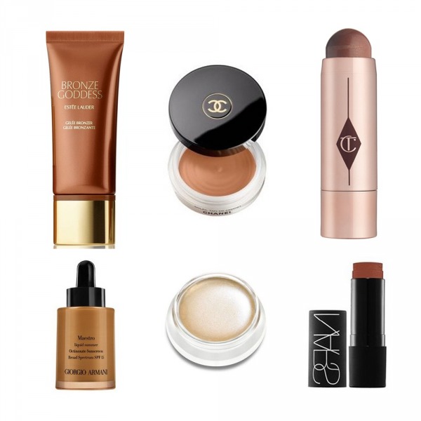 Sol Üstte Estée Lauder Bronze Goddess Gelée Bronzer, Sol Altta Giorgio Armani Maestro Bronzer, Orta Üstte Chanel Soleil Tan de Chanel Bronzing Makeup Base, Orta Altta RMS Beauty Living Luminizer, Sağ Üstte Charlotte Tilbury Beach Stick in Ibiza, Sağ Alt