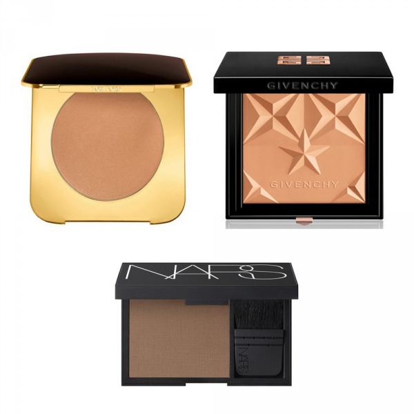 Sağ Üstte Tom Ford Bronzing Powder in Terra, Sol Üstte Givenchy Les Saisons Healthy Glow Bronzing Powder, Sağ Altta NARS Tahiti Laguna Bronzer 