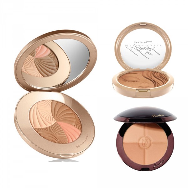 Solda La Mer Bronzing Powder, Sağ Üstte MAC Cosmetics Extra Dimension Skin Finish in My Mimi, Sağ Altta Guerlain Terracotta 4 Seasons Tailor-Made Bronzing Powder