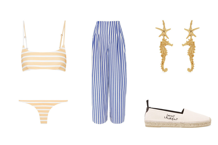 Bikini: Faithfull the Brand, Pantolon: Evi Grintela, Espadril: Saint Laurent, Küpe: Oscar de la Renta