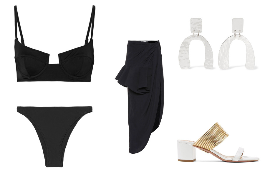 Bikini: Solid&Striped, Etek: Jacquemus, Küpe: Proenza Schouler, Terlik: Aquazzura